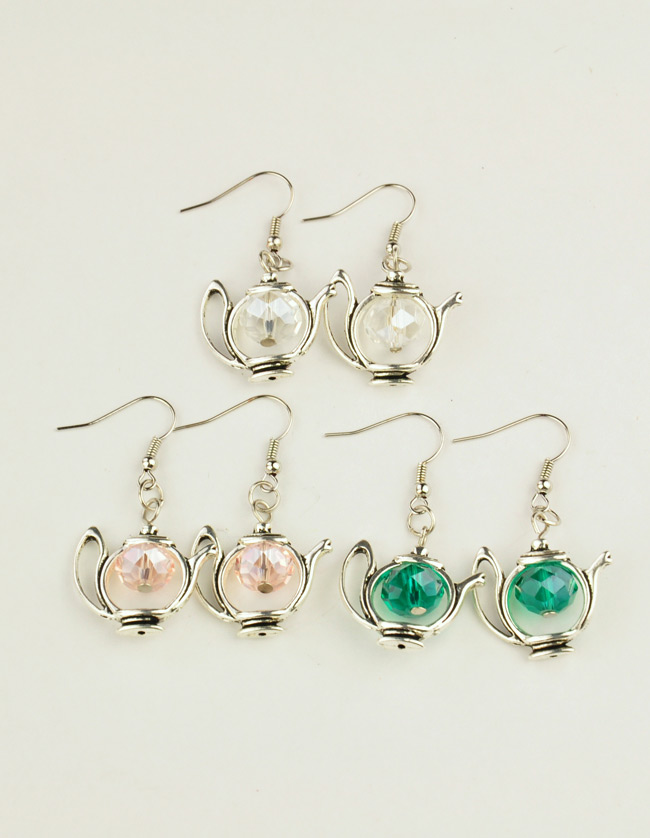 PandaHall Trendy Tibetan Style Teapot Dangle Earrings, with Glass Beads and Brass Earring Hooks, Mixed Color, 45mm Glass Multicolor