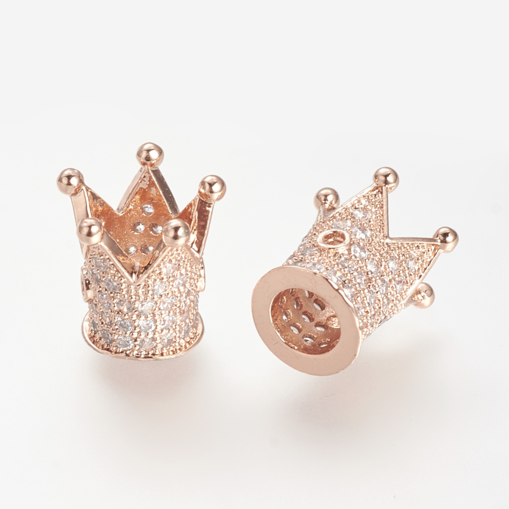 PandaHall Brass Micro Pave Cubic Zirconia Beads, Crown, Rose Gold, 12x10mm, Hole: 1~5mm Brass+Cubic Zirconia Crown