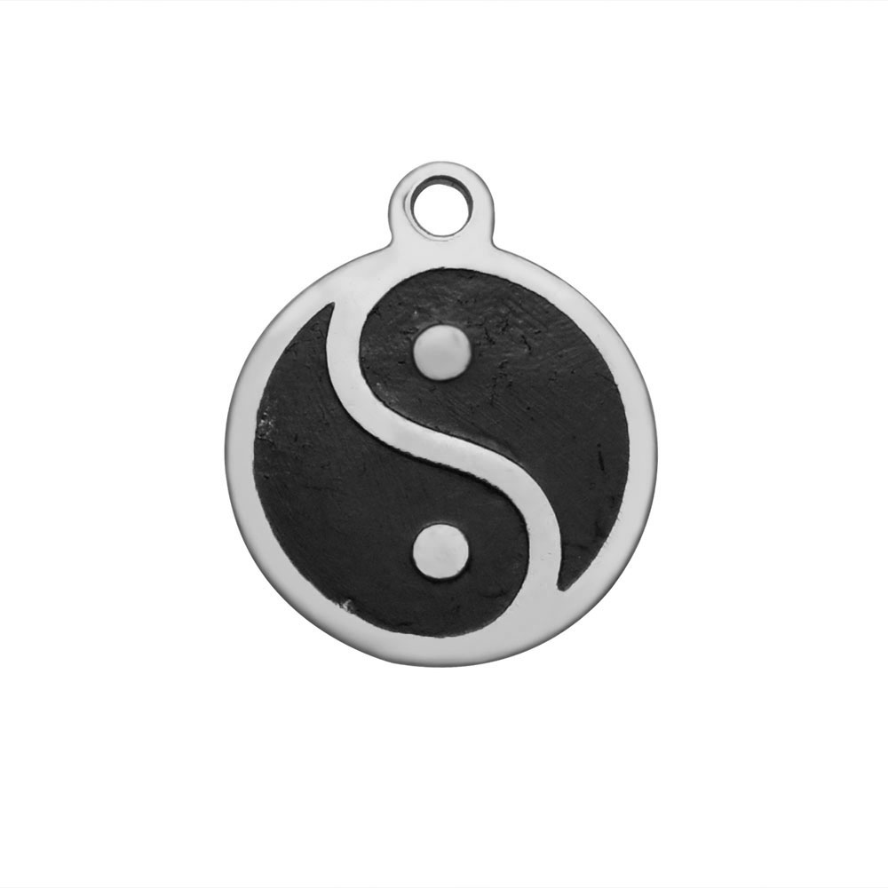 PandaHall 304 Stainless Steel Enamel Charms, Flat Round with Ying Yan, Black, 14mm Stainless Steel+Enamel Flat Round Black