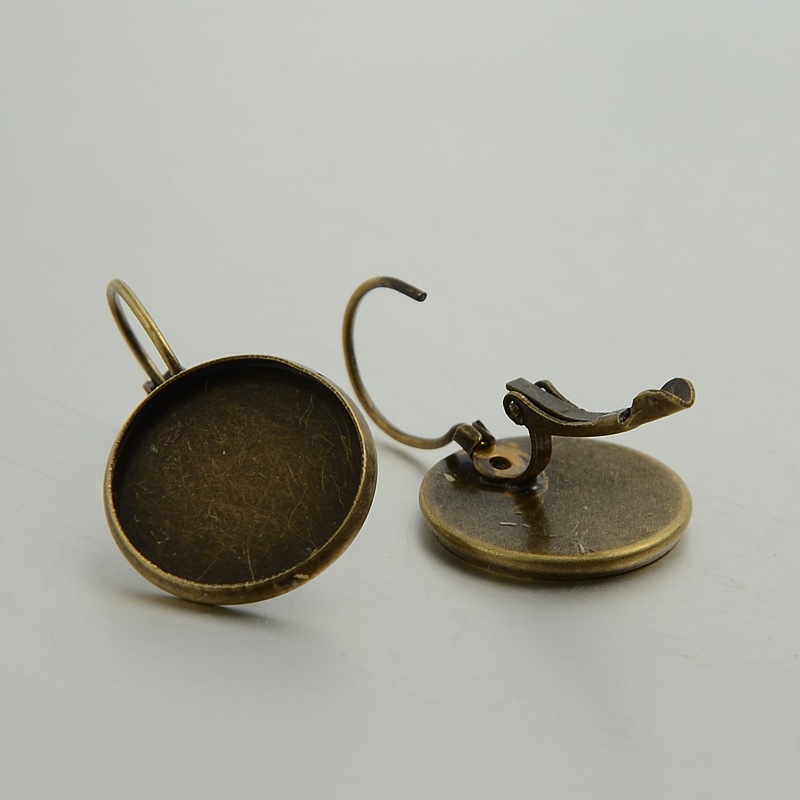 PandaHall Nickel Free Brass Leverback Earring Findings, Flat Round, Antique Bronze, 28x18mm, Tray: 16mm, Pin: 0.8mm Brass