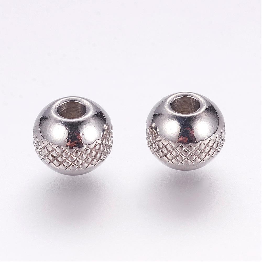 PandaHall 304 Stainless Steel Beads, Round with Ripples, Stainless Steel Color, 6x5mm, Hole: 1.5mm Stainless Steel Round