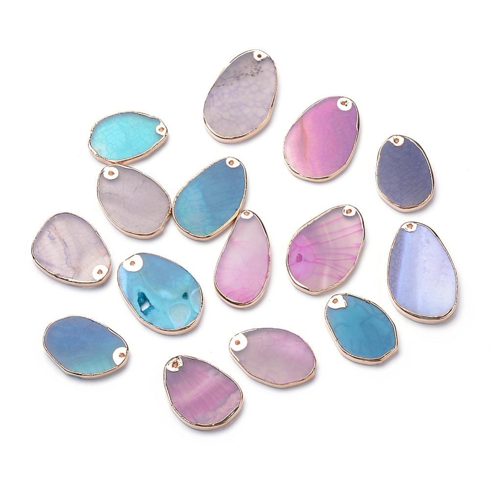 PandaHall Golden Plated Natural Agate Pendants, Dyed, Mixed Shaped, 20~51x18~35x3~8mm, Hole: 2mm Natural Agate Mixed Shapes