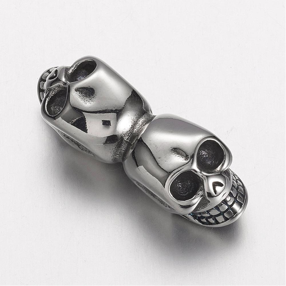 PandaHall 304 Stainless Steel Slide Charms, Skull, Antique Silver, 36x13x11.5mm, Hole: 6mm Stainless Steel Skull