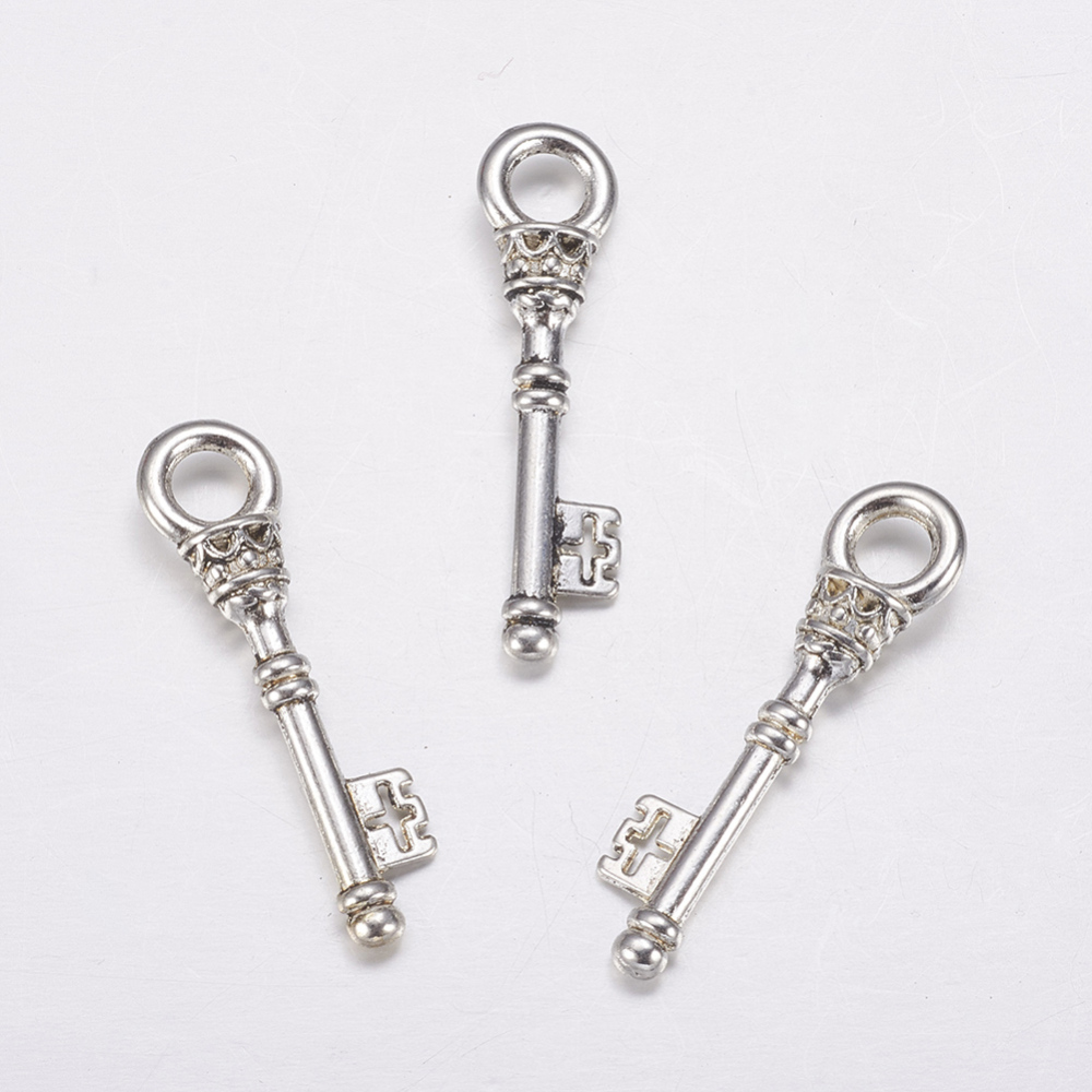 PandaHall Alloy Pendants, Lead Free and Cadmium Free, Antique Silver, Key, about 36mm long, 9mm wide, 6mm thick, hole: 5mm Alloy Key Silver