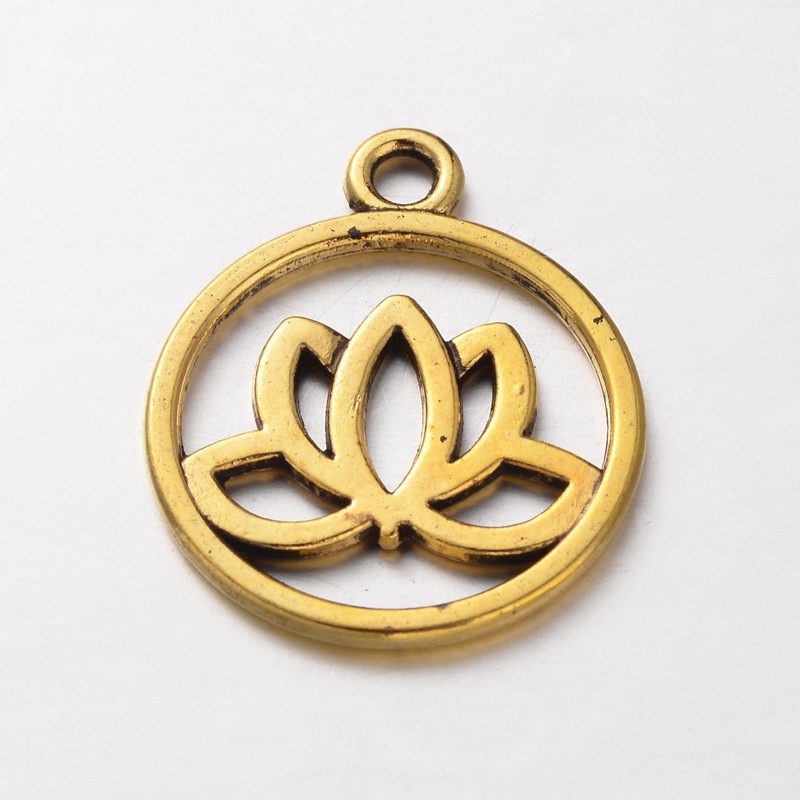 PandaHall Tibetan Style Filigree Alloy Pendants, Flat Round with Lotus, Lead Free, Antique Golden, 24x20x1.5mm, Hole: 2.3mm Alloy Flat Round