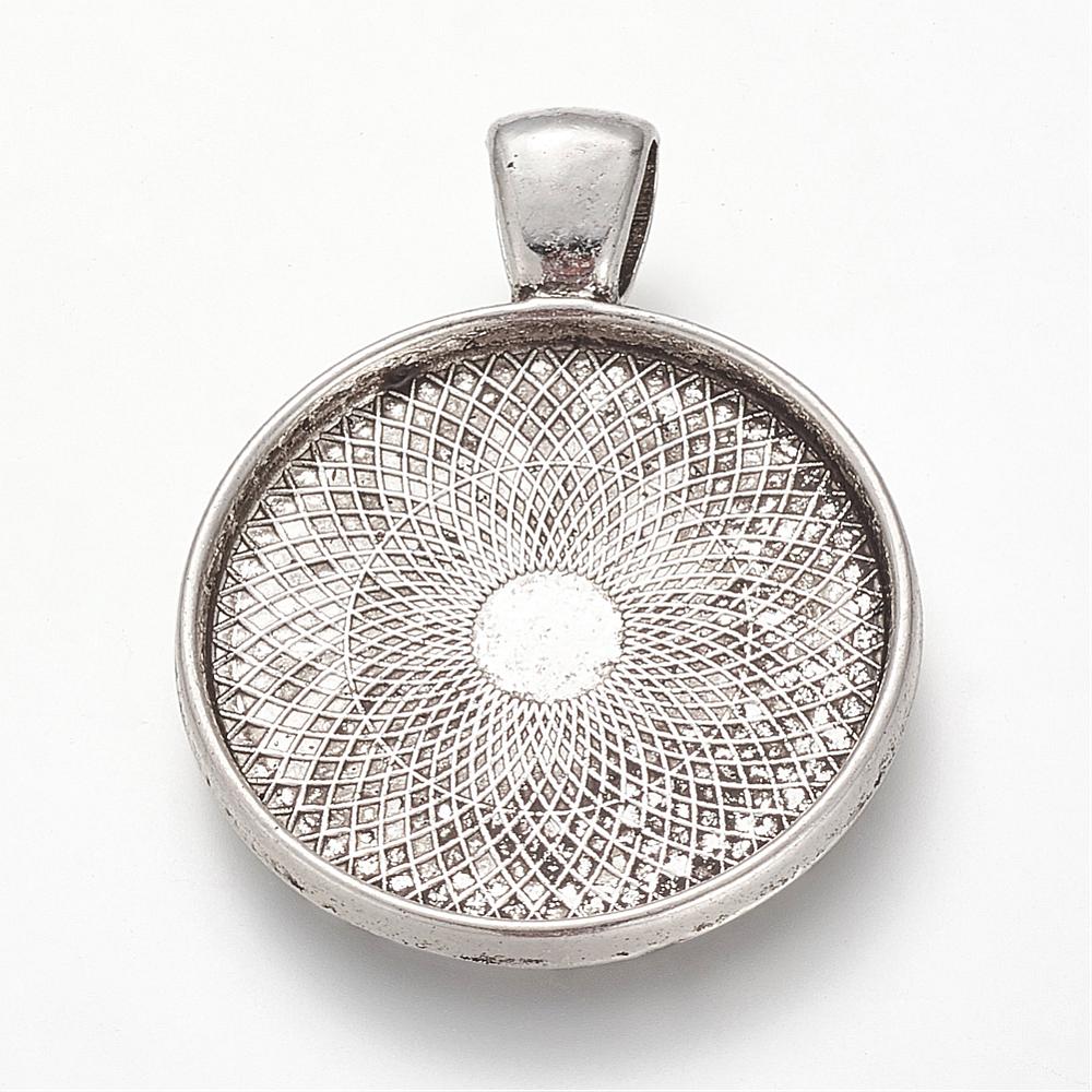 PandaHall Tibetan Style Alloy Pendant Cabochon Settings, Flat Round, Cadmium Free & Lead Free, Antique Silver, Tray: 25mm; 36x27x6mm, Hole...