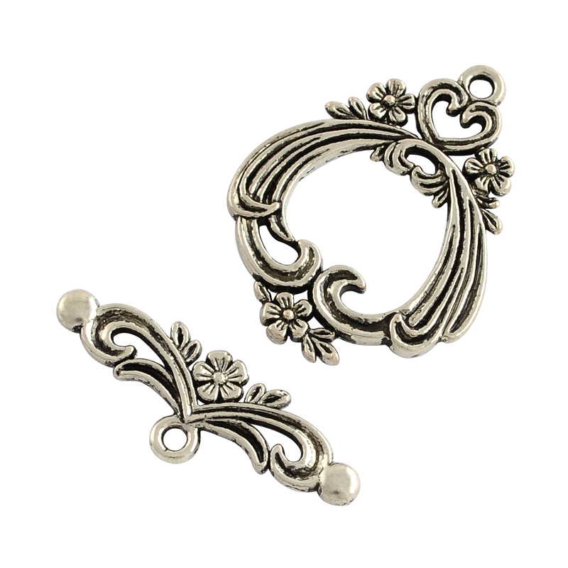 PandaHall Tibetan Style Flower Toggle Clasps, Lead Free & Cadmium Free, Antique Silver, Flower: 38x29x2.5mm, Hole: 2mm; Bar: 36x13x3mm, Hole...