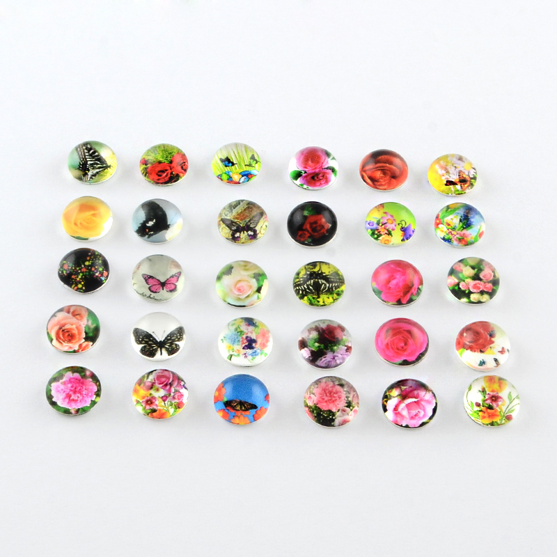 PandaHall Half Round/Dome Flower Pattern Glass Flatback Cabochons for DIY Projects, Mixed Color, 10x3.5mm Glass Half Round Multicolor