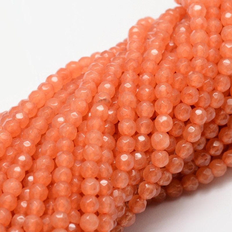 PandaHall Dyed Natural White Jade Round Beads Strands, Faceted, Coral, 4mm, Hole: 1mm; about 92pcs/strand, 15.3" White Jade Round Red