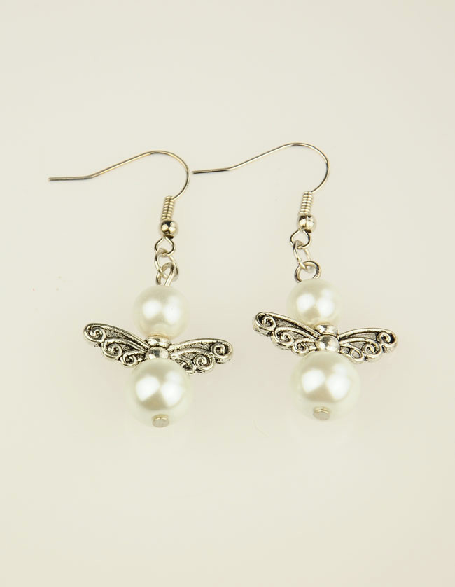 PandaHall Trendy Glass Pearl Fairy Wing Dangle Earrings, with Tibetan Style Beads, Brass Earring Hooks, White, 45mm Glass White