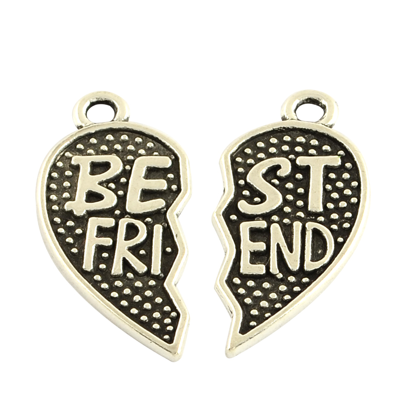 PandaHall Tibetan Style Alloy Split Pendants, Lead Free, Heart with Word Best Friend, Antique Silver, 29x13x1.5mm, Hole: 2mm Alloy Heart