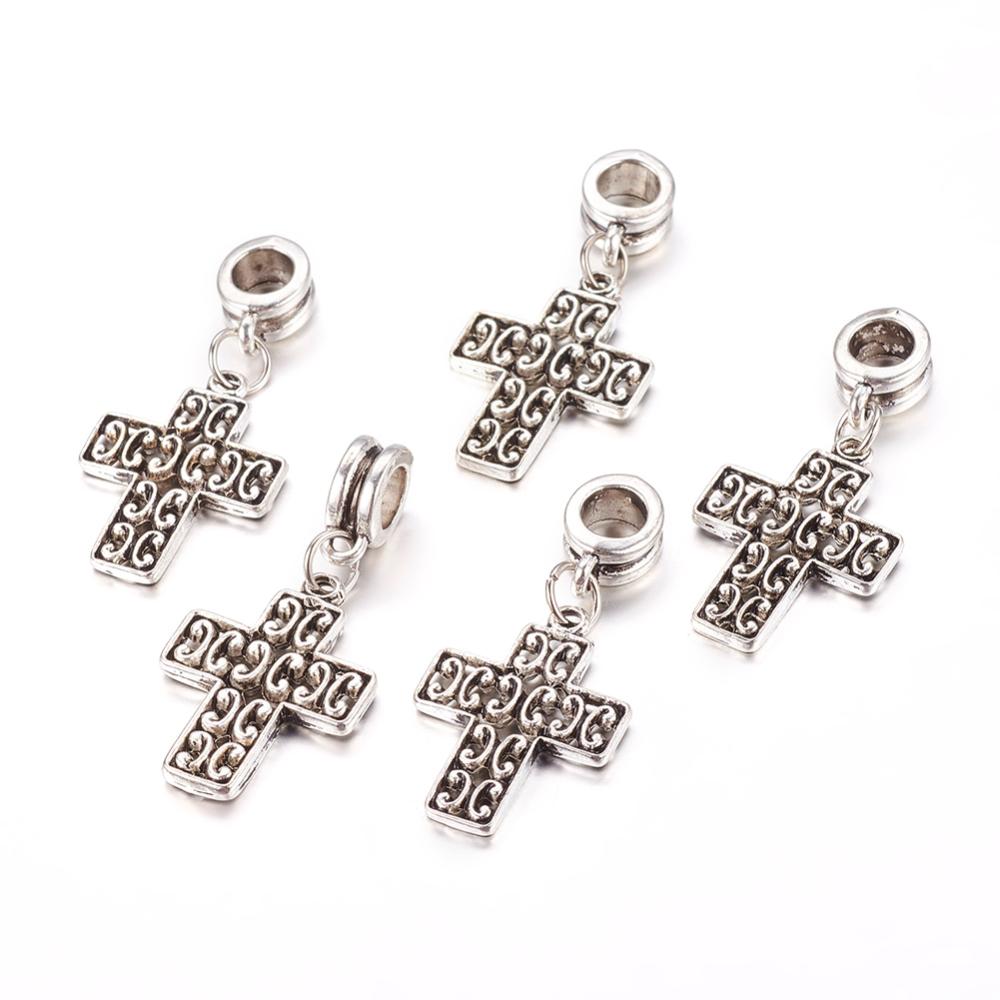 PandaHall Alloy European Dangle Beads, Cross, Antique Silver, 34mm, Hole: 5mm Alloy Cross