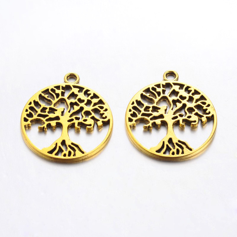 PandaHall Tibetan Style Alloy Pendants, Tree of Life, Lead Free, Antique Golden, 29x25x1.5mm, Hole: 2mm Alloy Flat Round