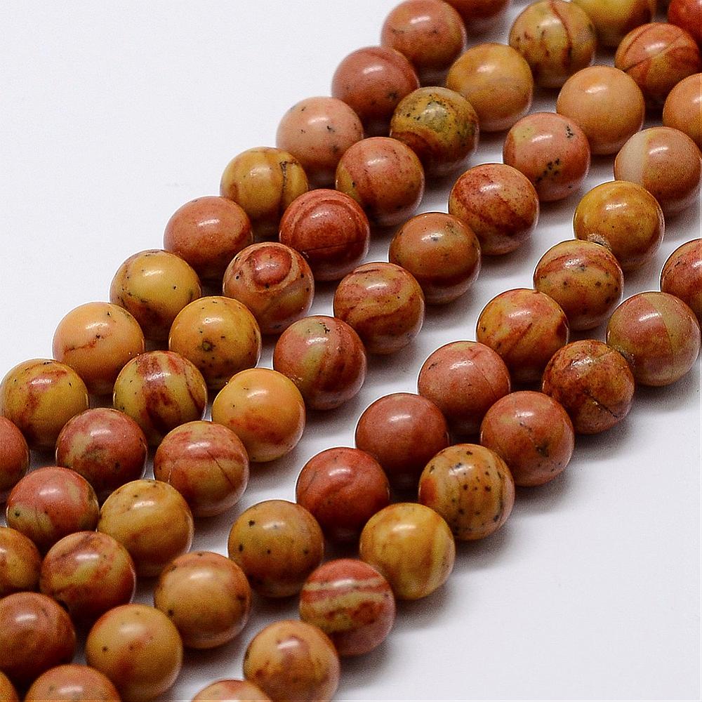 PandaHall Natural Wood Lace Stone Beads Strands, Round, Brown, 8mm, Hole: 1mm; 48pcs/strand, 15"~16" Wood Lace Stone Round Brown