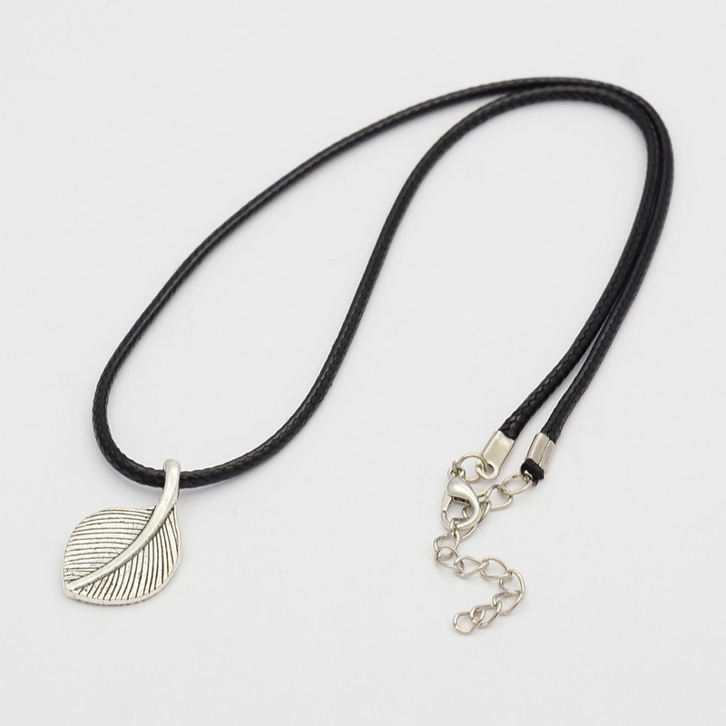 PandaHall Retro Leaf Alloy Pendant Necklace, with Black Waxed Cord and Lobster Claw Clasps, Antique Silver, 18" Alloy