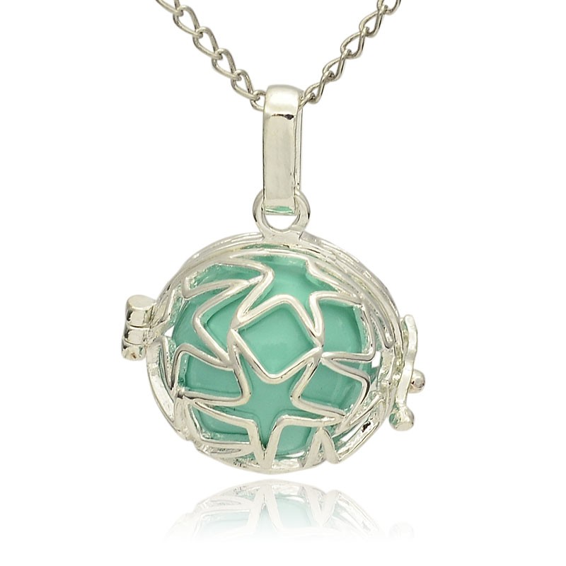 PandaHall Silver Tone Brass Hollow Round Cage Pendants, with No Hole Spray Painted Brass Ball Beads, MediumTurquoise, 23x24x18mm, Hole...
