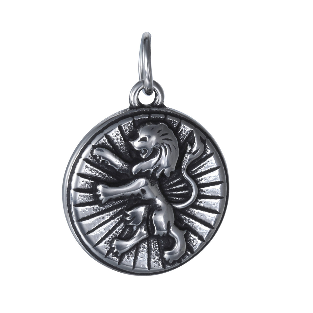 PandaHall 316L Stainless Steel Pendants, Flat Round with Lion, Antique Silver, 22x19x4mm, Hole: 5mm Stainless Steel Flat Round