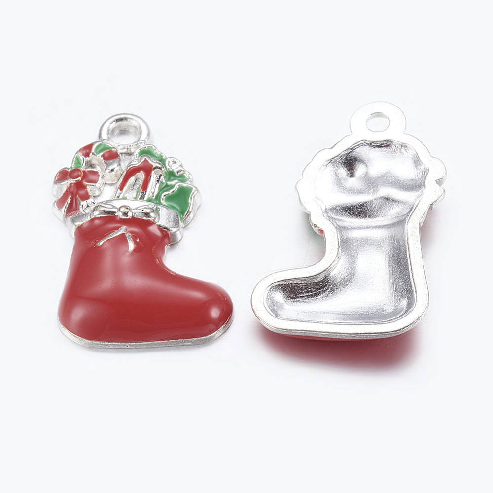 PandaHall Alloy Enamel Pendants, Christmas Stockings for Holiday Jewerly Making, Silver Metal Color, Red, 23x14x2.5mm, Hole: 2mm...