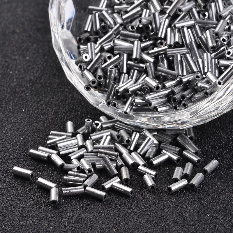 PandaHall Tube Iris Round Hole Glass Bugle Beads, Platinum Plated, 4.6~5x1.8~2mm, Hole: 0.8mm; about 12000pcs/450g Glass