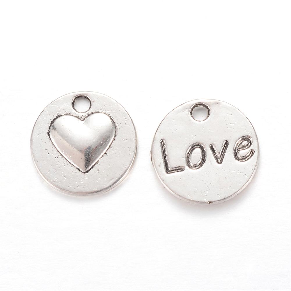 PandaHall Tibetan Style Alloy Charms, Flat Round with Heart and Word Love, Lead Free & Cadmium Free, Antique Silver, 14x2mm, Hole: 2mm;...