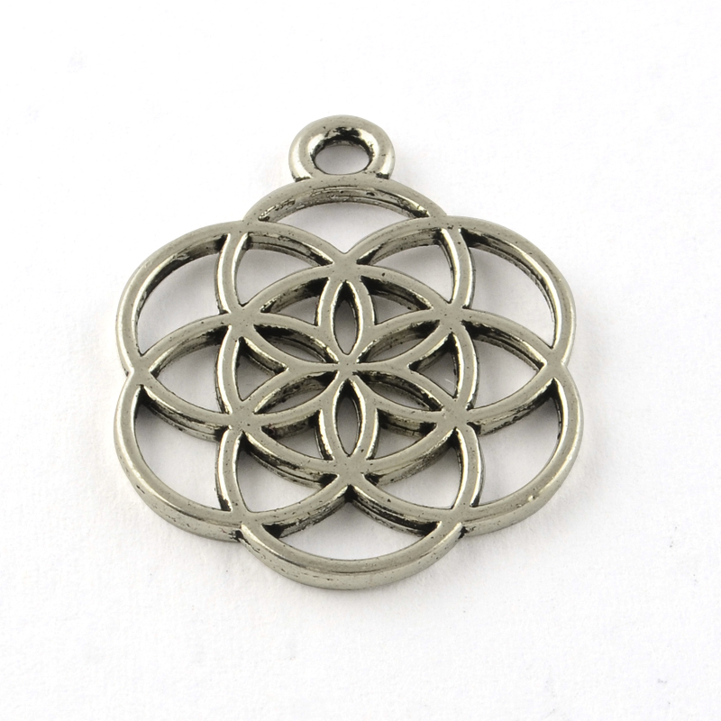 PandaHall Seed of Life Tibetan Style Flower Alloy Pendants, Cadmium Free & Lead Free, Antique Silver, 25x20x1mm, Hole: 2mm; about...