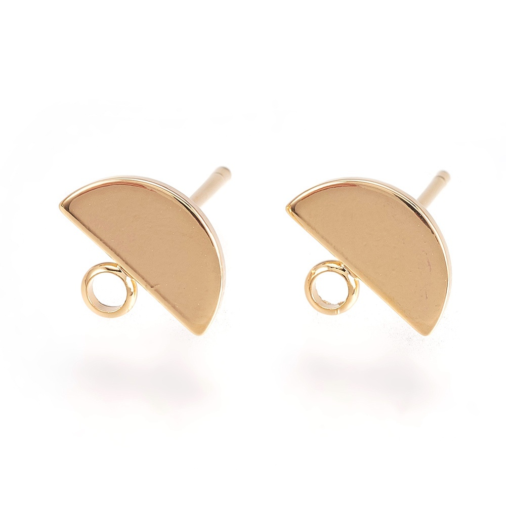 PandaHall Brass Stud Earring Findings, Nickel Free, Semicircle, Real Gold Plated, 8x10x1mm, Hole: 2mm; Pin: 0.8mm Brass