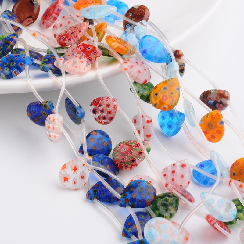 PandaHall Drop Handmade Millefiori Glass Beads Strands, Mixed Color, 18x13x4.5mm, Hole: 1mm; about 16pcs/strand, 15.5" Millefiori Lampwork...