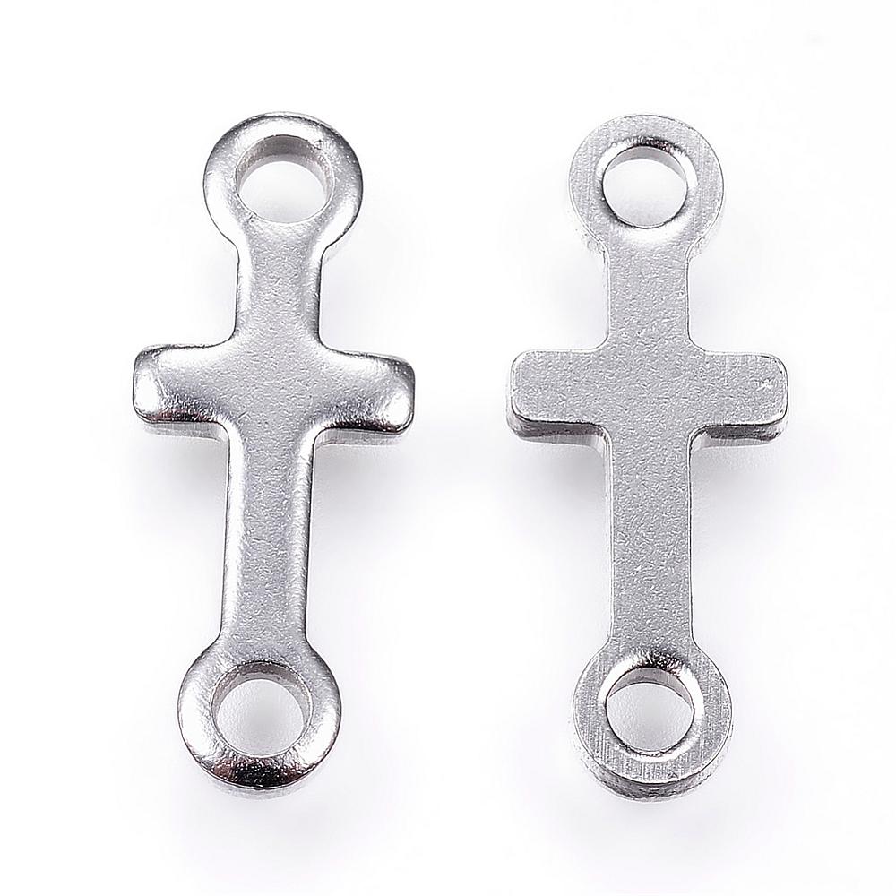 PandaHall 304 Stainless Steel Links, Cross, Stainless Steel Color, 18x7x1.5mm, Hole: 2mm Stainless Steel Cross