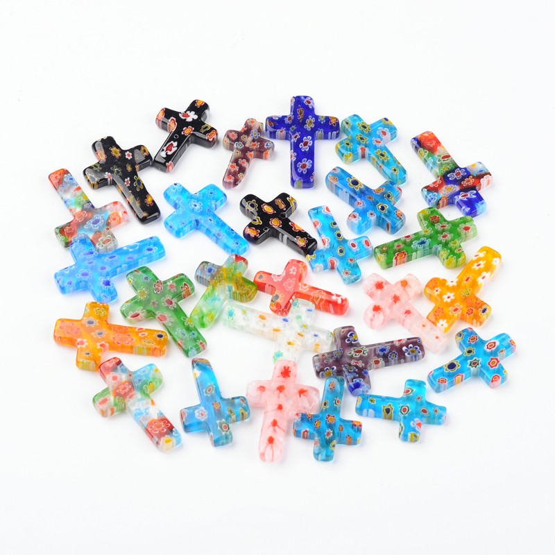 PandaHall Cross Handmade Millefiori Glass Pendants, with Flower Pattern, Mixed Color, 25~31x15~21x3~5mm, Hole: 1~2mm Millefiori Lampwork...