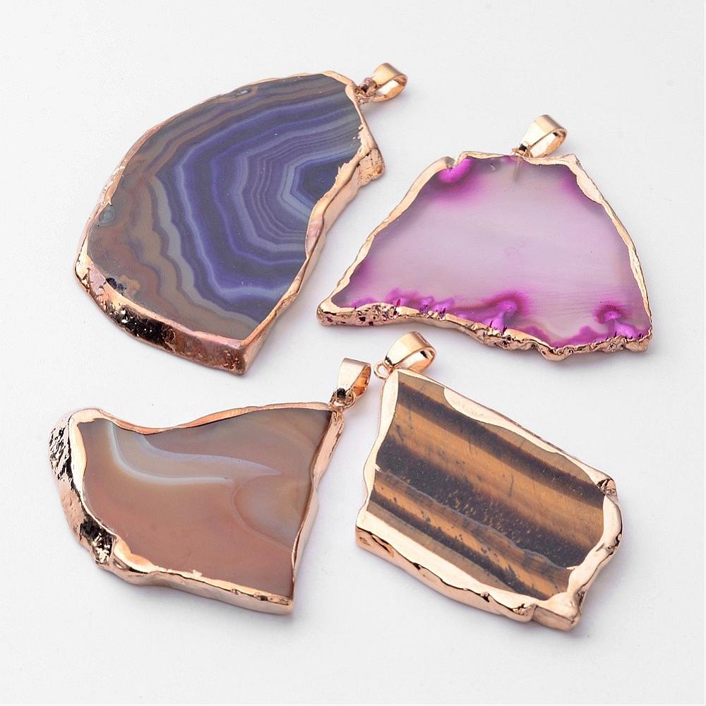 PandaHall Mixed Natural Agate Slices Big Pendants, with Brass Clasps, 43~61x23~41x3~4mm, Hole: 6x4mm Natural Agate Others