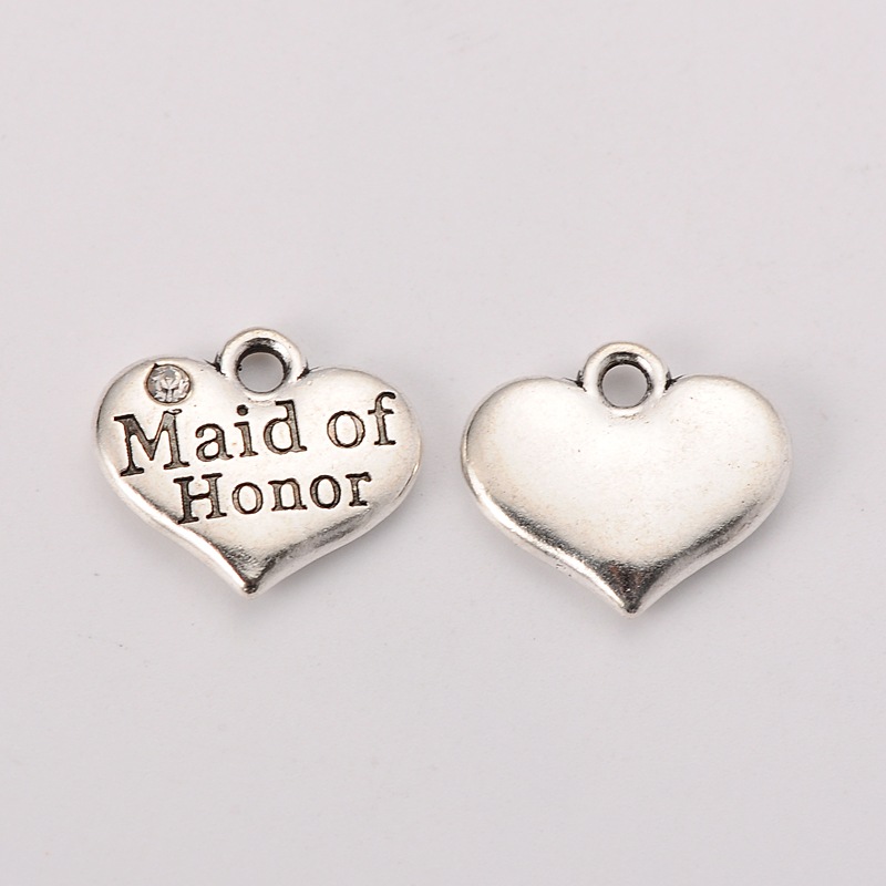 PandaHall Wedding Theme Antique Silver Tone Tibetan Style Heart with Maid of Honor Rhinestone Charms, Crystal, 14x16x3mm, Hole: 2mm Alloy...