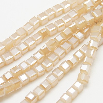PandaHall Electroplate Glass Beads Strands, Imitation Jade, Faceted Cube, Bisque, 4x4x4mm, Hole: 1mm Cube Orange