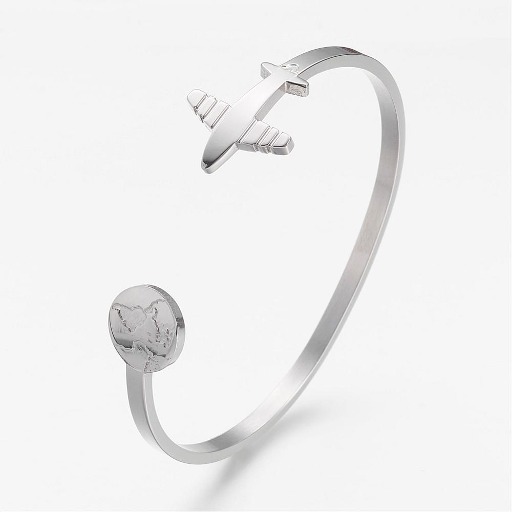PandaHall 304 Stainless Steel Cuff Bangles, Airplane and Earth, Stainless Steel Color, 1-7/8"x2"(47x51mm) Stainless Steel