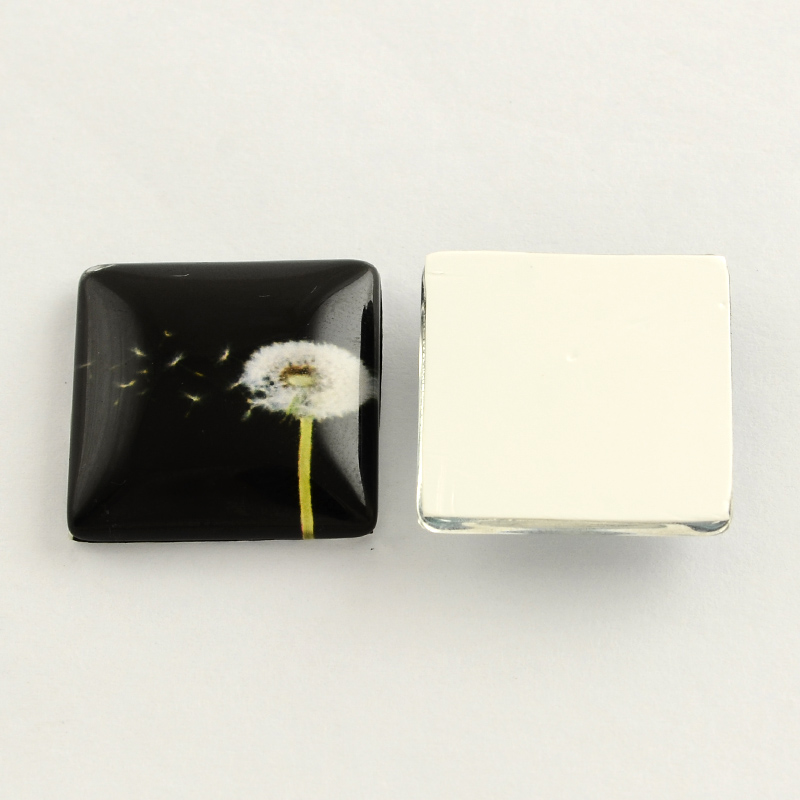 PandaHall Dandelion Pattern Glass Flatback Square Cabochons for DIY Projects, Black, 10x10x4mm Glass Square Black