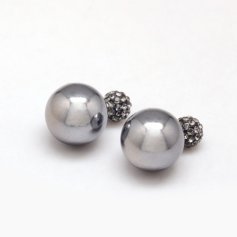 PandaHall CCB Plastic Double Faced Ball Ear Studs, with Polymer Clay Rhinestone and Steel Pin, Gray, 25x16mm; Pin: 0.5mm Plastic Gray