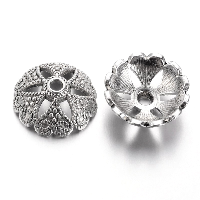 PandaHall Tibetan Style Alloy Caps, Lead Free, Flower, Antique Silver, 20x7mm, Hole: 2mm Alloy