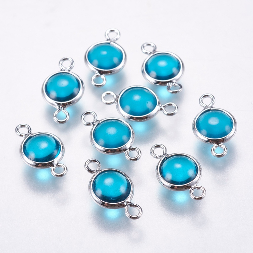 PandaHall Glass Links, with Brass Findings, Flat Round, Real Platinum Plated, 12x7x3mm, Hole: 1mm Brass Flat Round Blue