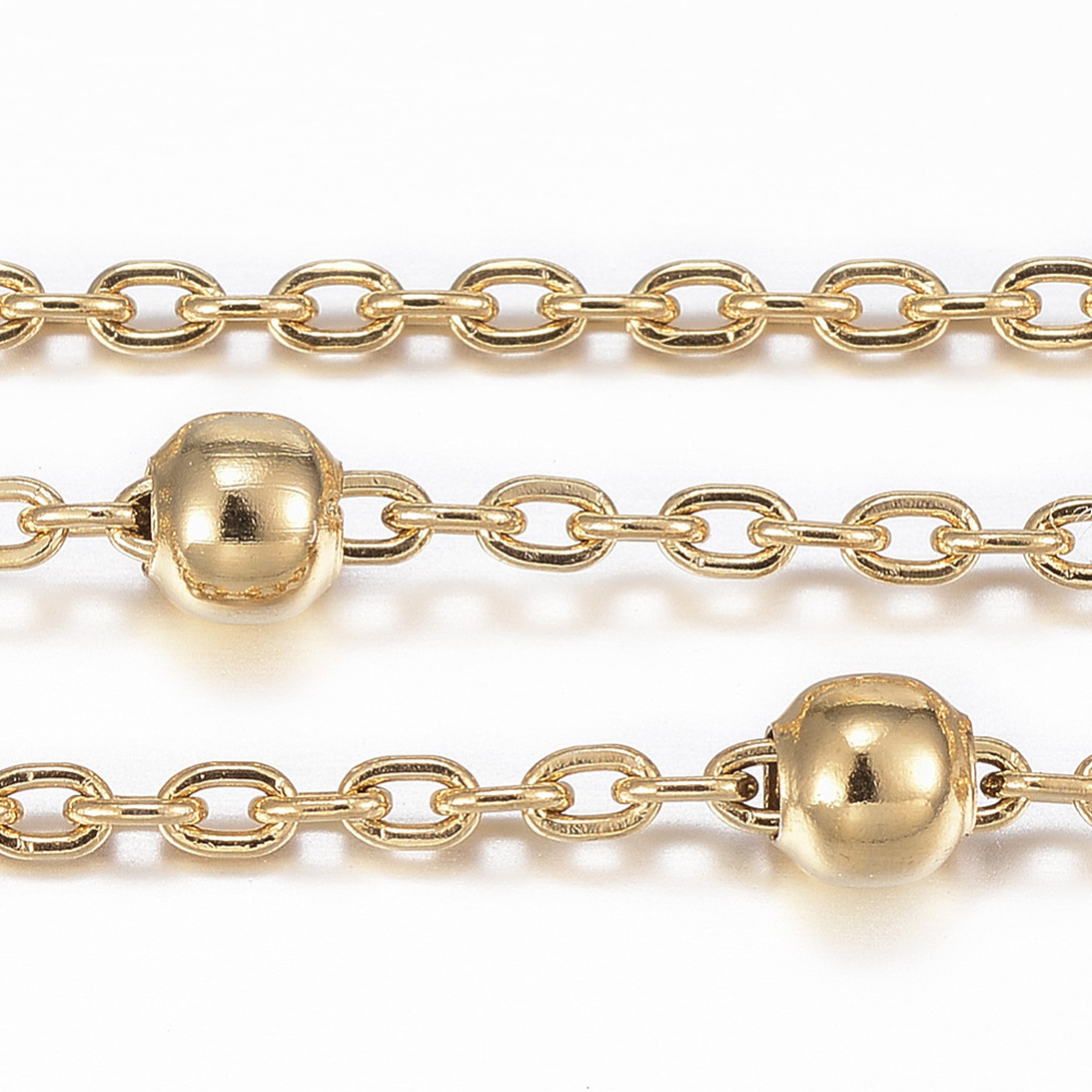 PandaHall 304 Stainless Steel Cable Chains, with Spool, with Steel Round Beads, Golden, 2.5x1.5x0.3mm; about 20m/roll Stainless Steel