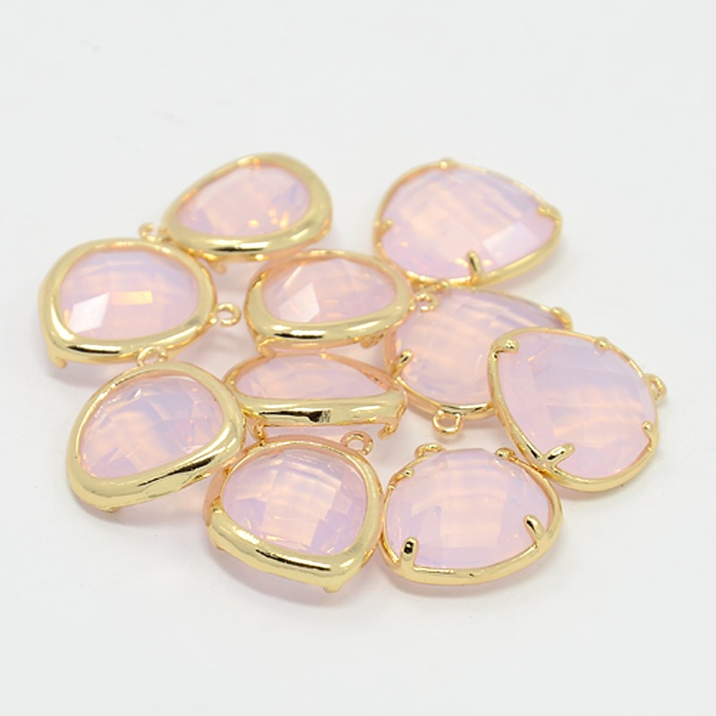 PandaHall Real Gold Plated Brass Glass Pendants, Faceted Triangle Charms, LavenderBlush, 16x15x6mm, Hole: 1mm Brass+Glass Triangle Pink