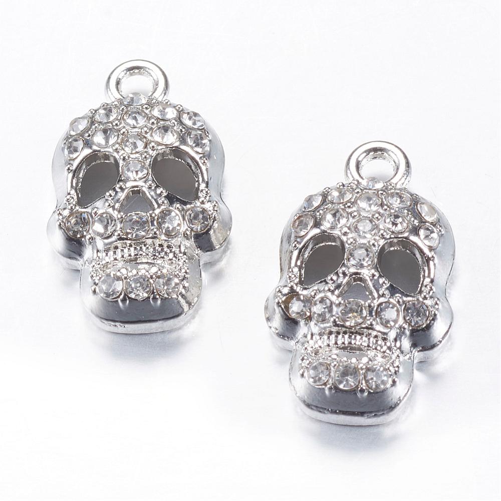 PandaHall Alloy Rhinestone Pendants, Skull, Platinum, 25x15x7mm, Hole: 2.5mm Alloy+Rhinestone Skull