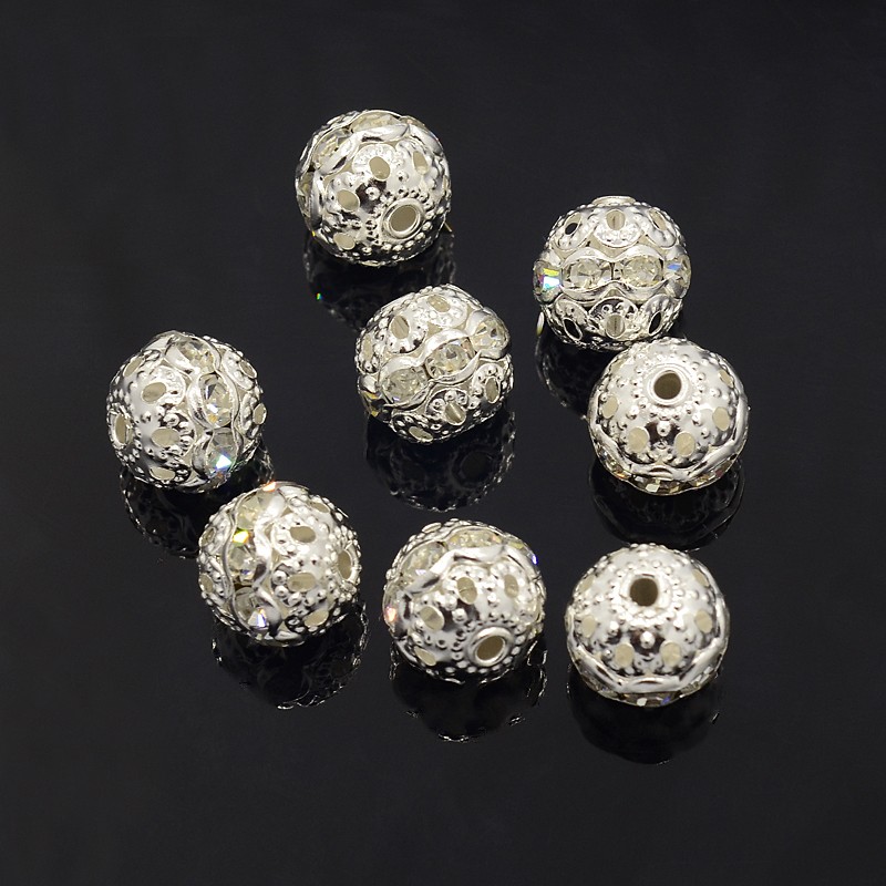 PandaHall Brass Grade A Rhinestone Beads, Silver, Round, Crystal, 10mm, Hole: 1.2mm Brass+Rhinestone Round
