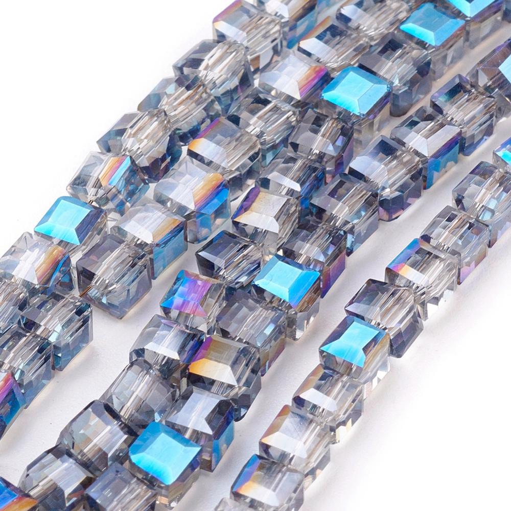 PandaHall Electroplate Glass Beads Strands, Half Plated, Faceted Cube, SkyBlue, 4x4x4mm, Hole: 1mm; about 100pcs/strand, 16.9" Cube Blue