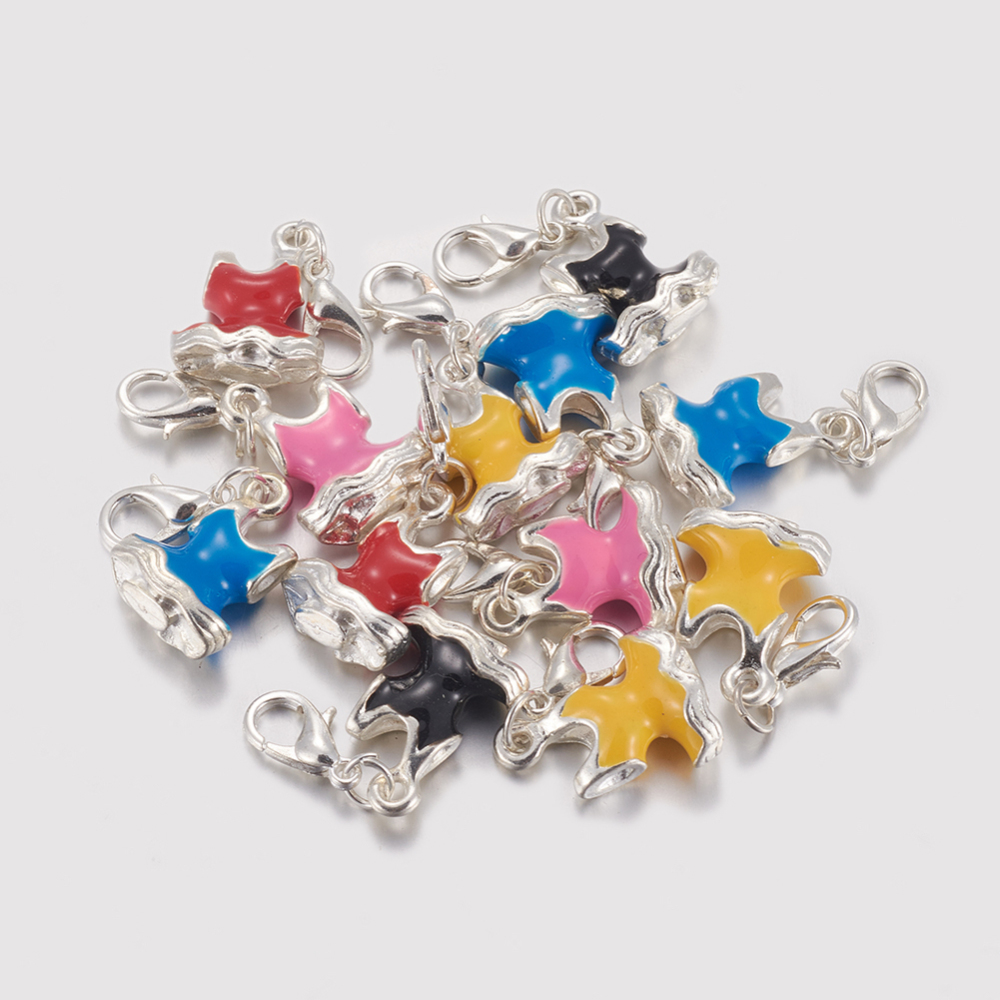 PandaHall Zinc Alloy Enamel Pendants, with Brass Lobster Claw Clasps, Swimwear, Silver Metal Color, Mixed Color, 32mm, Hole: 3mm, Swimwear...