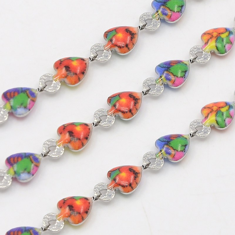 PandaHall 304 Stainless Steel Link Chains, Decorative Printed Chain, with Heart Connector, Colorful, Stainless Steel Color, 10x5x2mm...