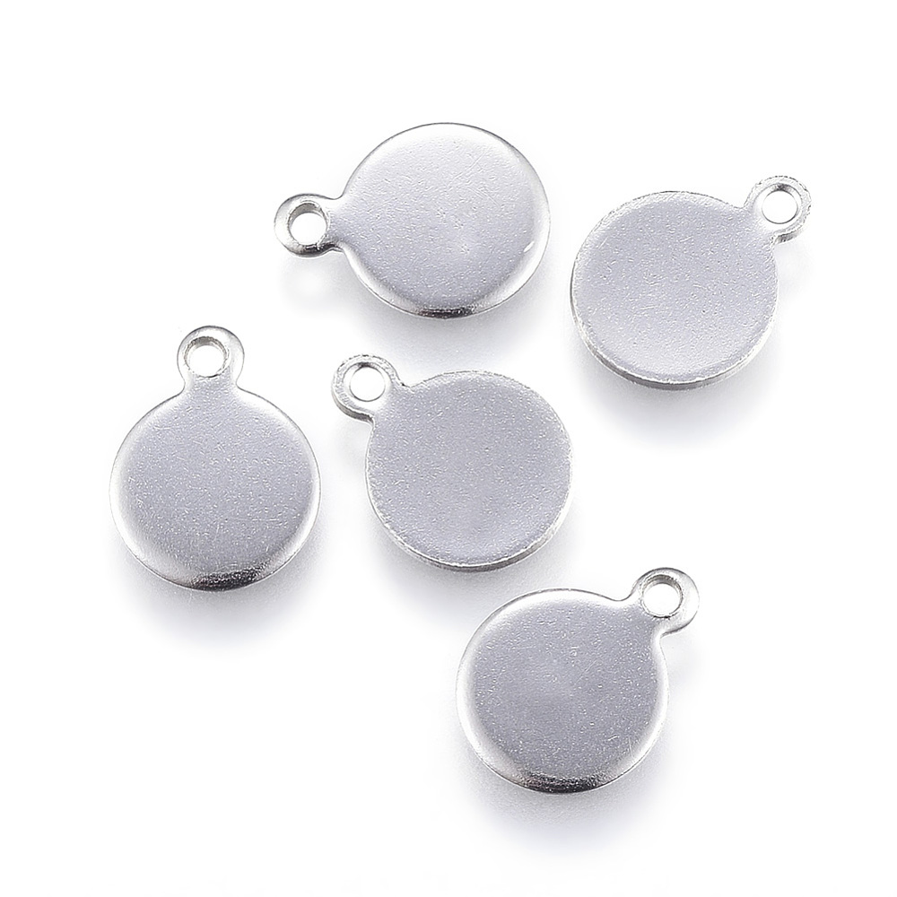 PandaHall 304 Stainless Steel Charms, Flat Round, Stainless Steel Color, 10.5x8x1mm, Hole: 1mm Stainless Steel Flat Round