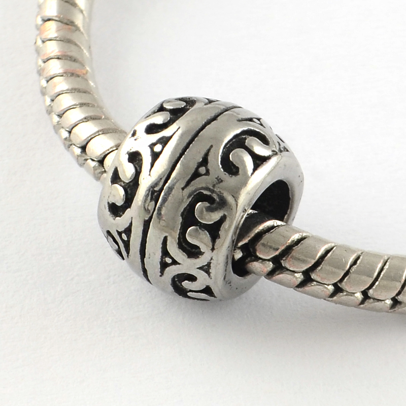 PandaHall Vintage Rondelle 316 Stainless Steel European Bead, Large Hole Beads, Antique Silver, 10x7mm, Hole: 5mm Stainless Steel Rondelle