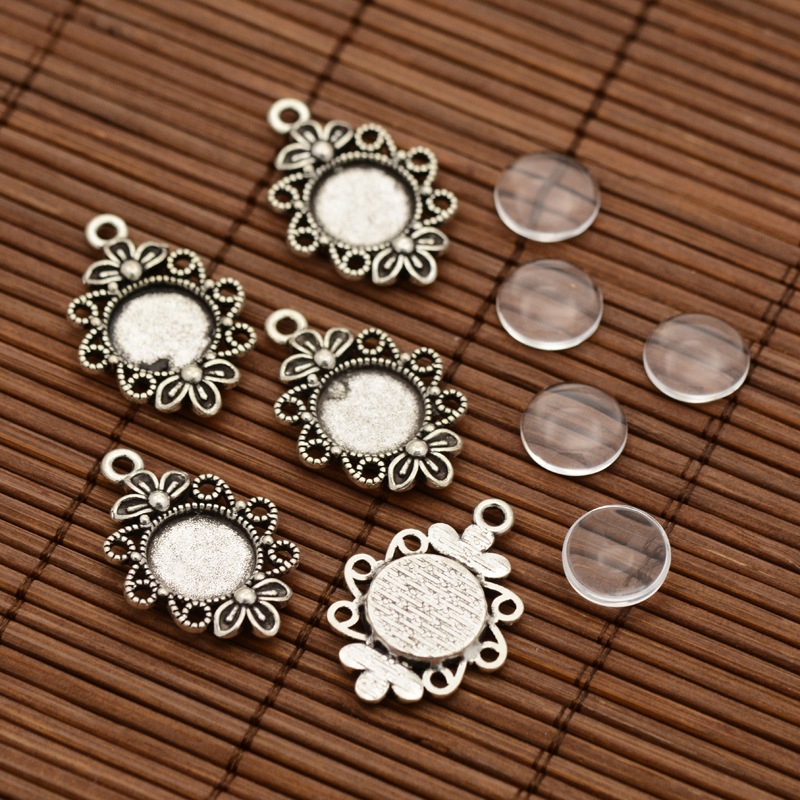 PandaHall Tibetan Style Filigree Alloy Flower Pendant Cabochon Settings and Transparent Flat Round Glass Cabochons, Antique Silver, Tray...