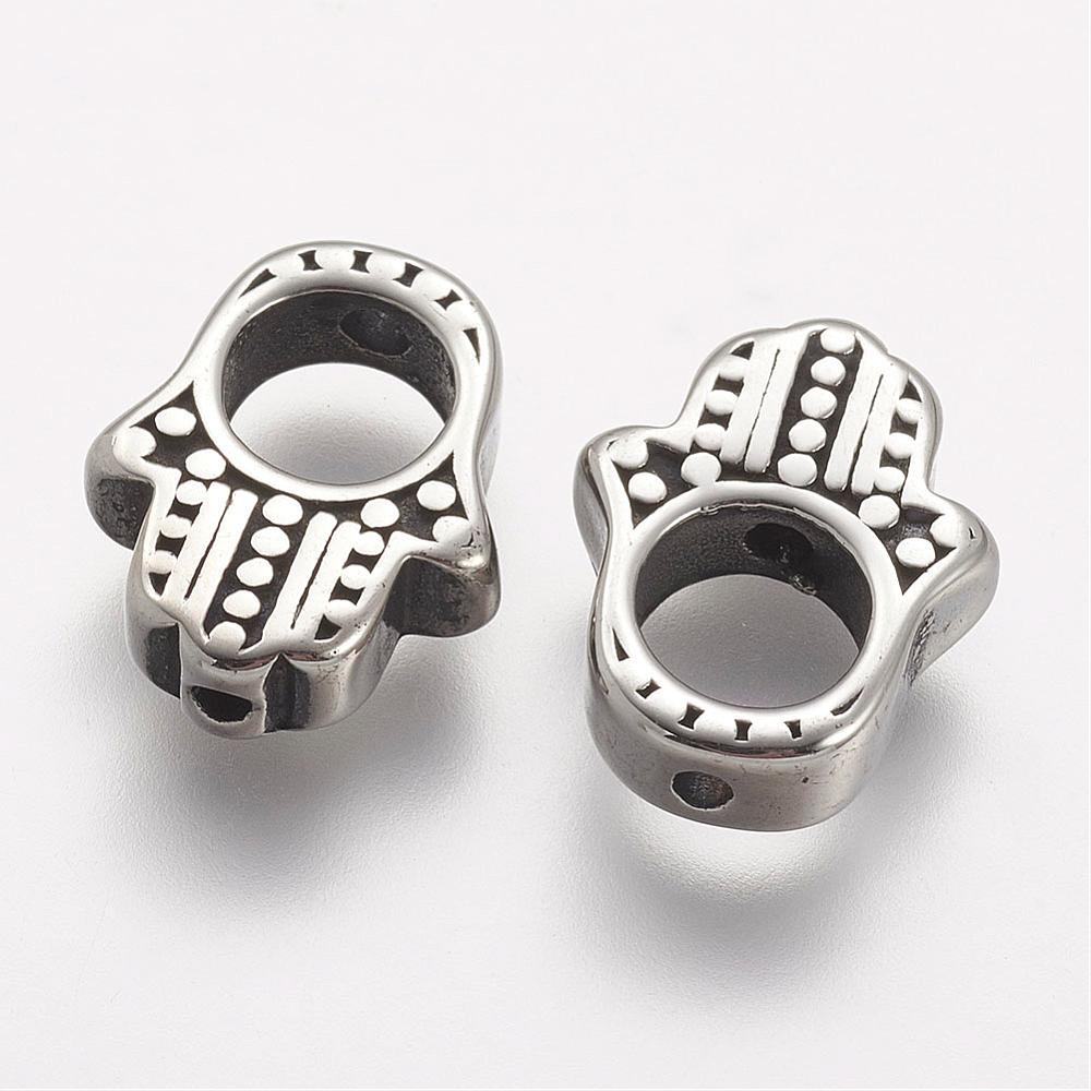 PandaHall 304 Stainless Steel Bead Frames, Hamsa Hand/Hand of Fatima/Hand of Miriam, Antique Silver, 15x11.5x4mm, Hole: 1mm; Inner Diameter...