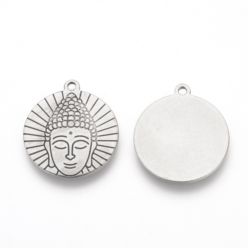 PandaHall 304 Stainless Steel Enamel Pendants, Flat Round with Buddhist, Black, 22.5x20x1mm, Hole: 1.5mm Stainless Steel+Enamel Flat Round...