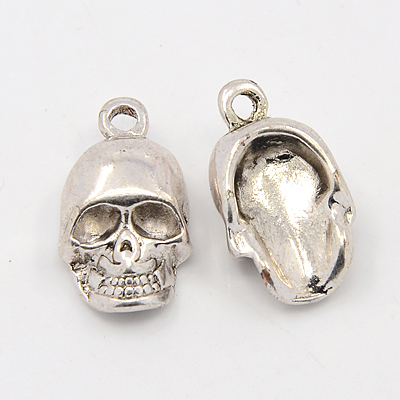PandaHall Alloy Charms Pendants, Halloween, Lead Free, Skull, Antique Silver, 16x10x8mm, Hole: 2mm Alloy Skull